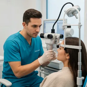 Eye care specialist examining a patient's eye with advanced equipment, representing professional care and vision correction.